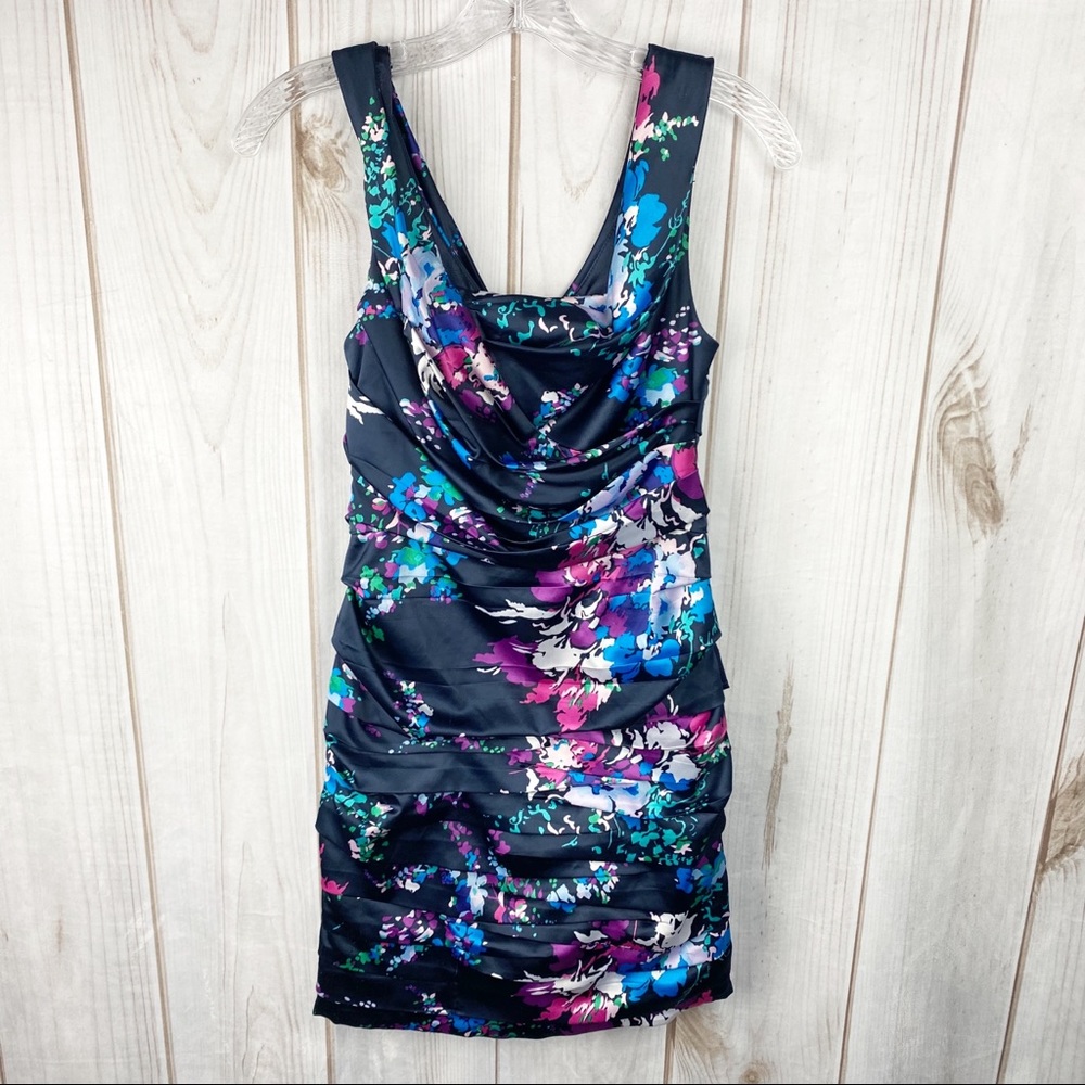 EXPRESS Silk Multicolored Floral Ruched Tiered Fitted Mini Dress - Size 0